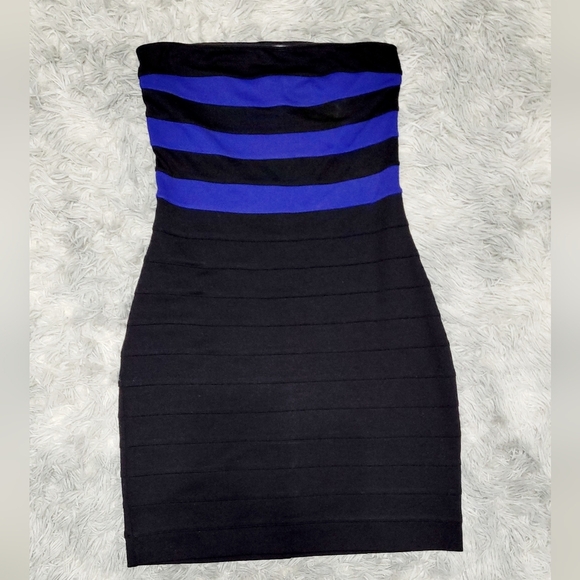 Black & Blue Striped Strapless Bodycon Bandage Dress, Small - Picture 2 of 6